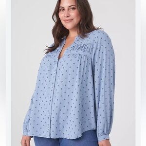 Lane Bryant Split-Neck Blue Printed Rayon Blouse Sz 16 w MEASUREMENTS